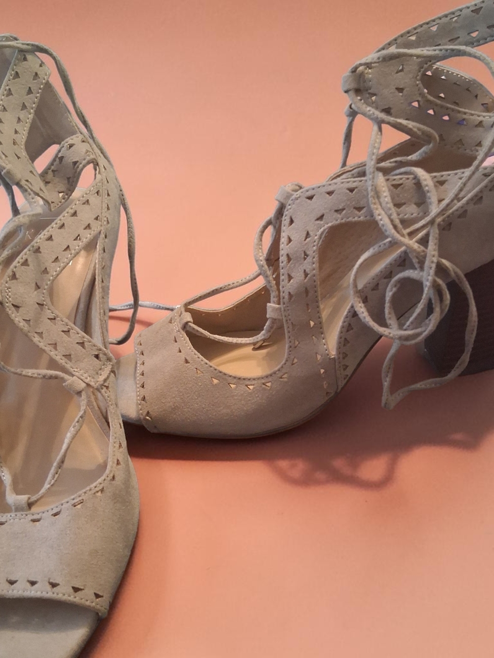 Kaari Blue taupe suede laser-cut cutout Details lace-up ankle design Block Heel